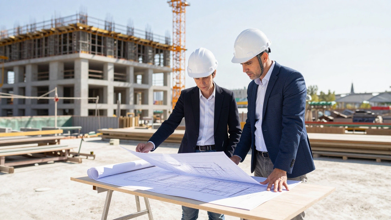 Architect and contractor reviewing blueprints at a building construction site