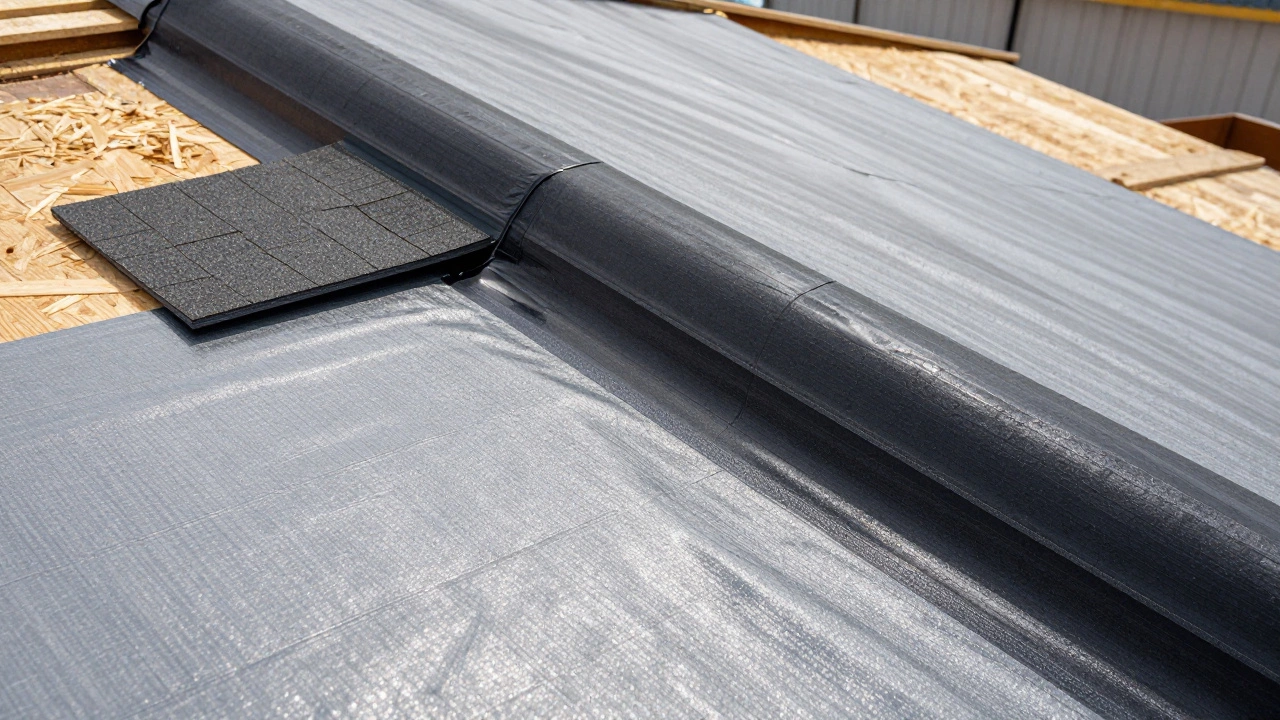 Close-up of roof construction showing plywood decking, underlayment, and architectural shingles.
