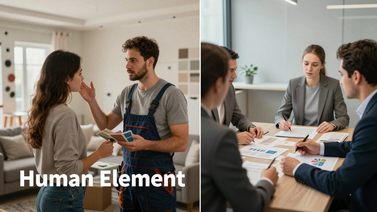 Comparison between a contractor discussing home details with a couple and a corporate boardroom meeting.