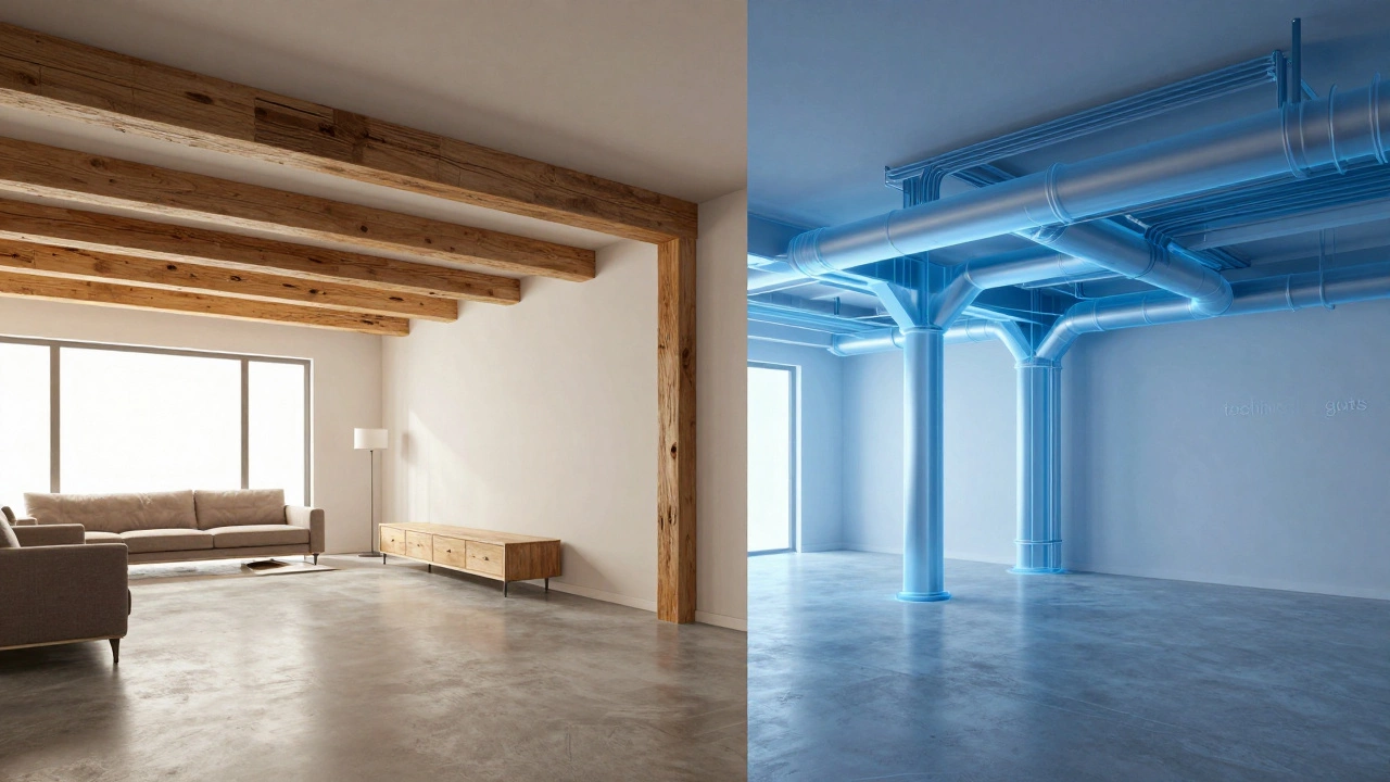 Comparison between a finished room design and its technical structural engineering layout