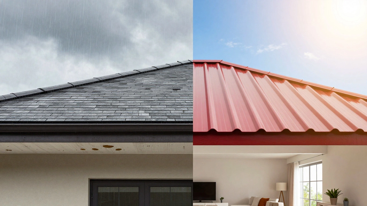 Comparison of a leaking low-quality roof versus a durable, high-end metal roof.