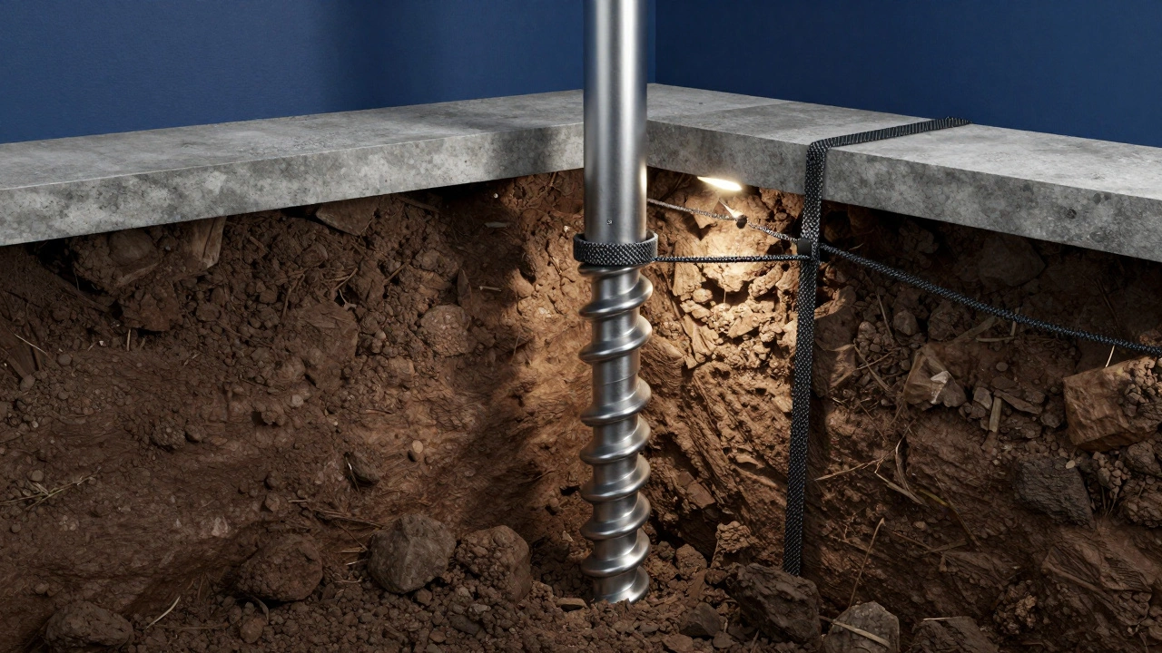 Cross-section diagram of a steel pier and carbon fiber strap repairing a home foundation.