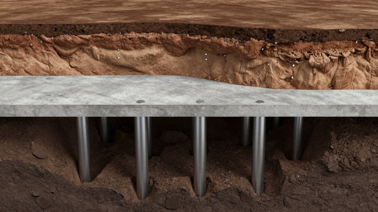 Cross-section showing steel piers stabilizing a house foundation in clay soil