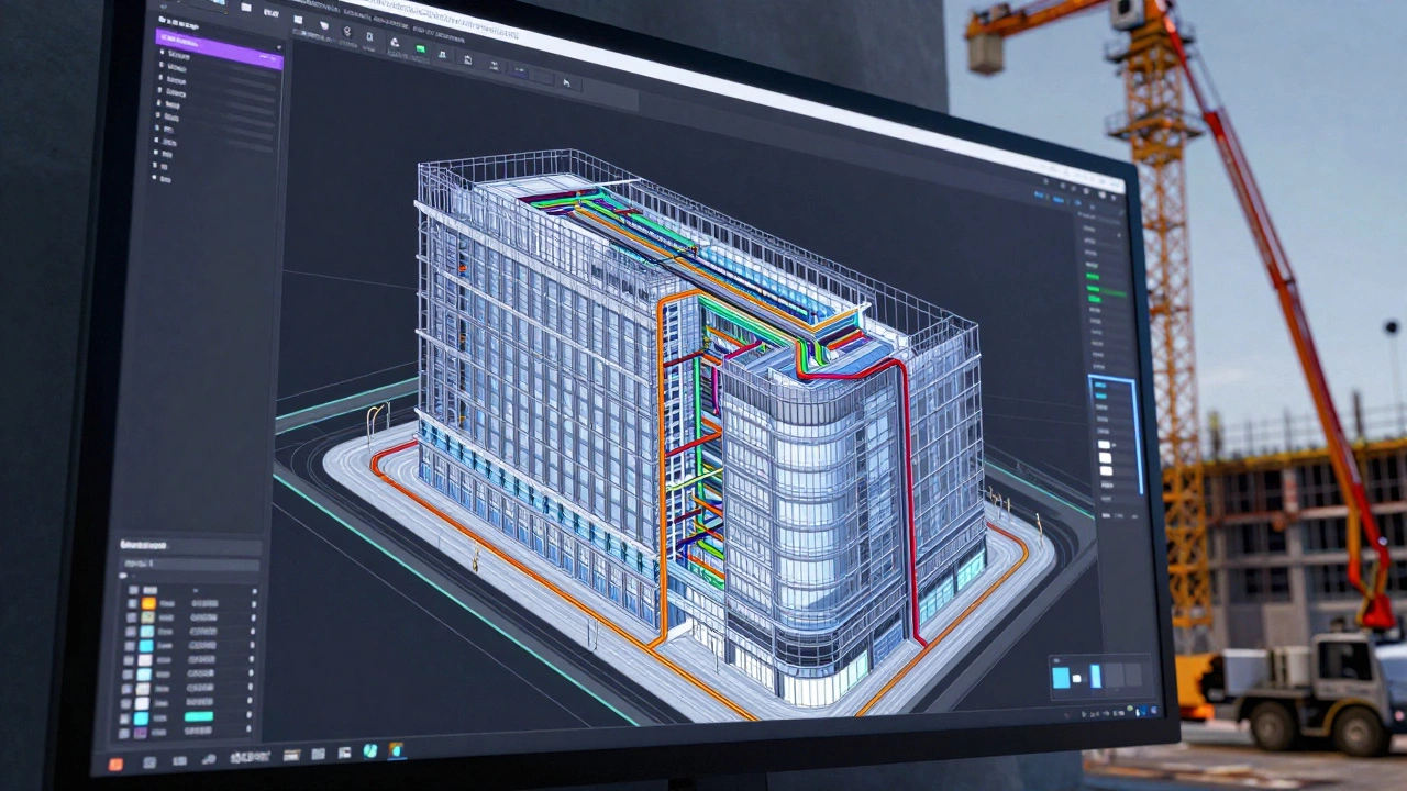 Digital BIM 3D model of a commercial building with a construction crane in the background.