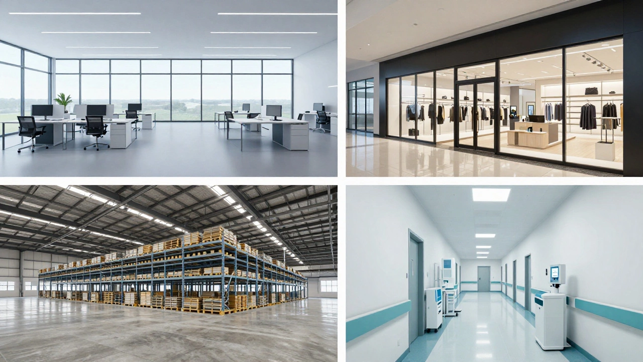 Four quadrants showing an office, retail store, industrial warehouse, and a hospital.