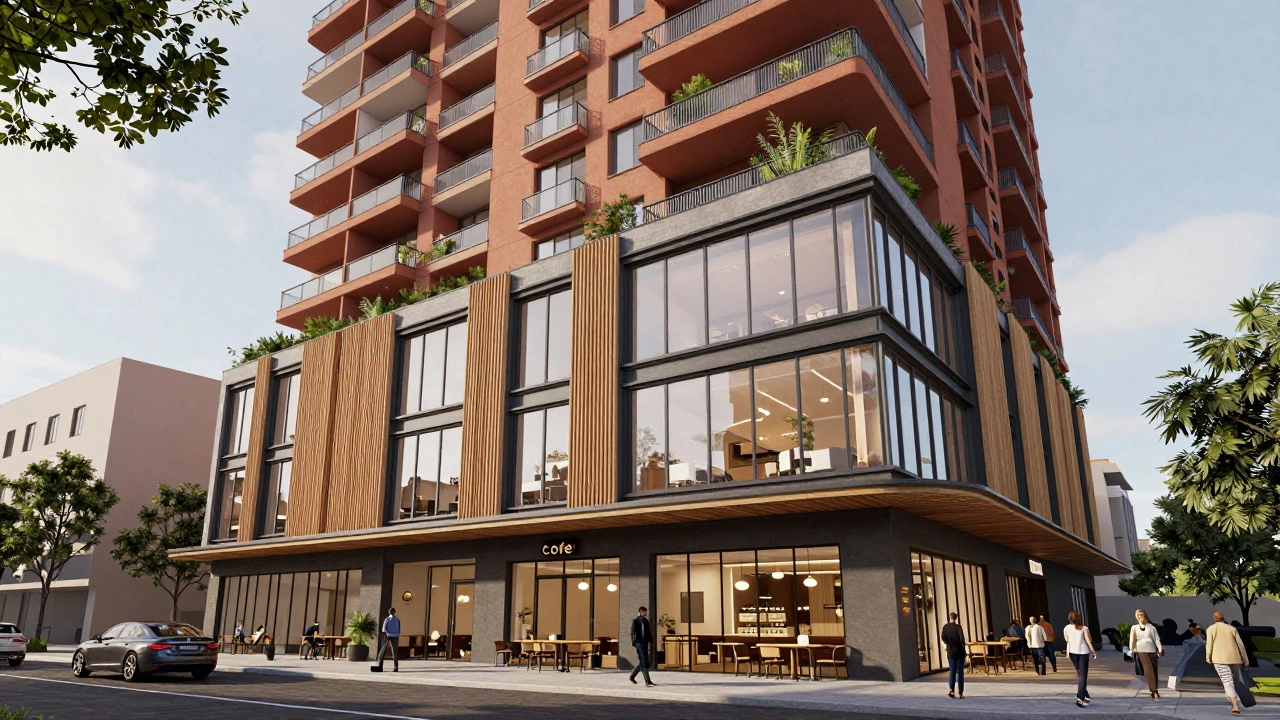 Mixed-use building combining a ground-floor cafe, mid-level offices, and residential apartments