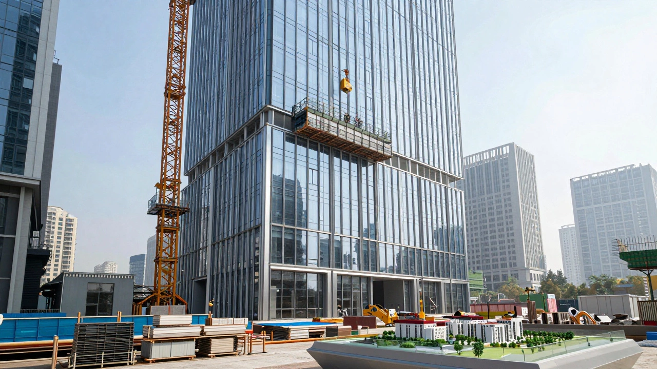Modern glass office tower under construction with a tower crane in a city center.