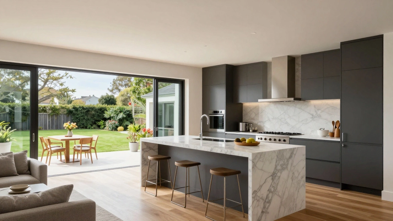 Modern open-plan kitchen extension with bi-fold glass doors leading to a garden.