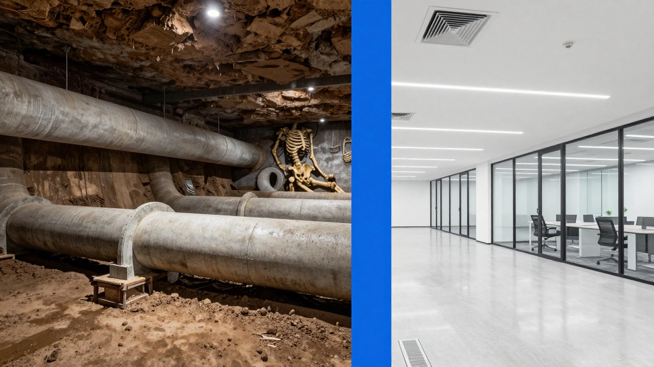 Split view showing underground concrete pipes and a modern finished office interior.
