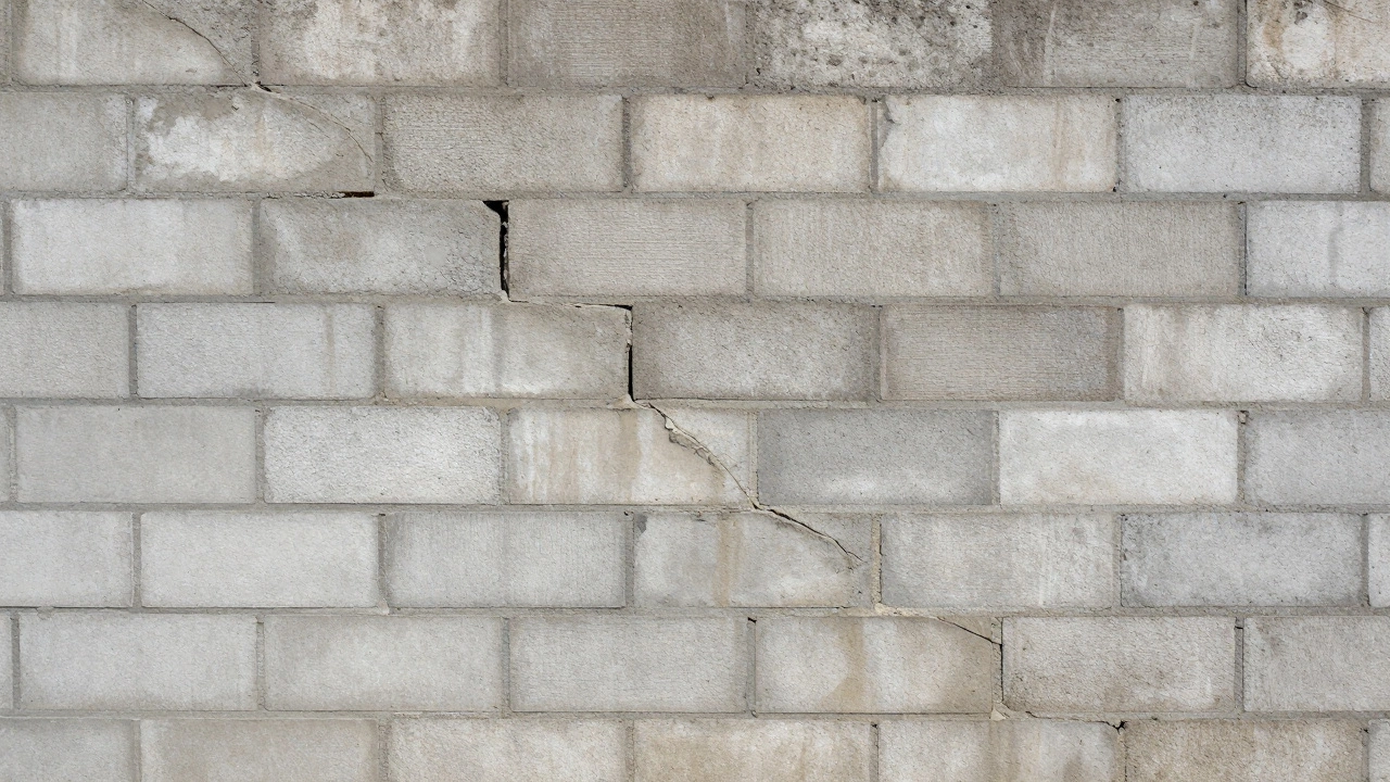 Stair-step crack patterns following mortar joints in a concrete block foundation wall.