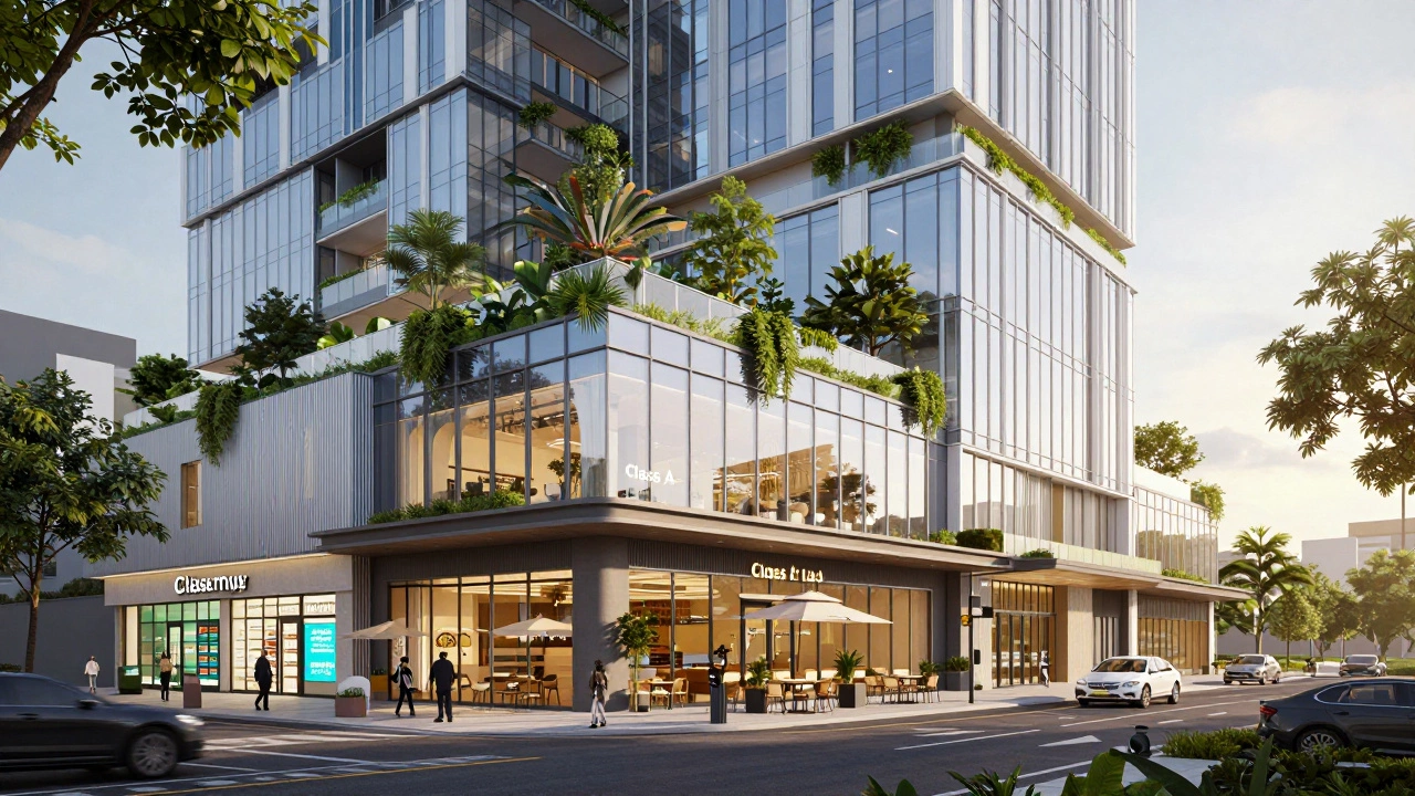 Upscale retail storefronts next to a sustainable glass office tower with a rooftop garden