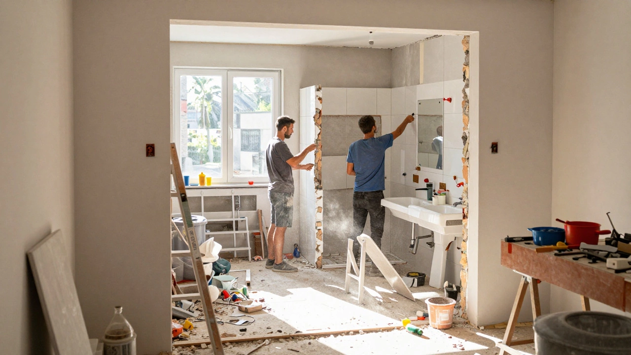 Busy bathroom renovation site with workers during peak summer season