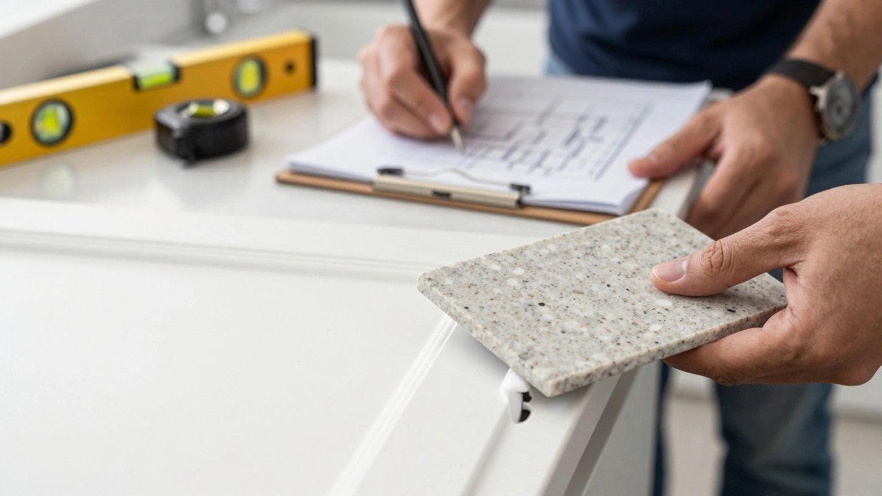 Close up of quartz and cabinet samples with contractor reviewing plans in background