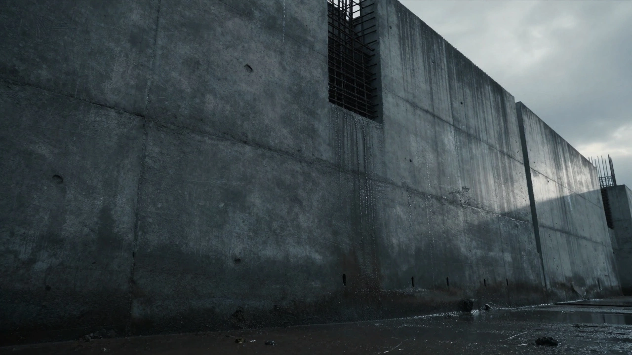 Close-up of reinforced concrete foundation with visible rebar mesh