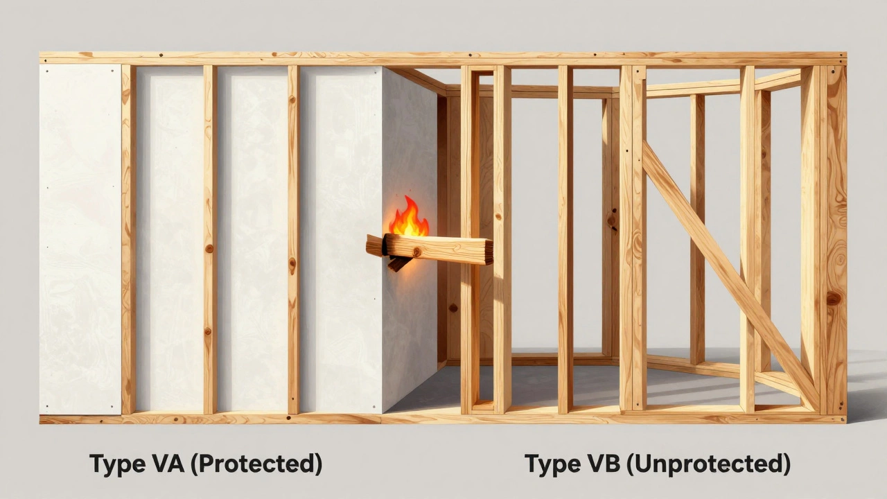 Comparison of protected drywall-covered wood studs versus bare unprotected wood framing
