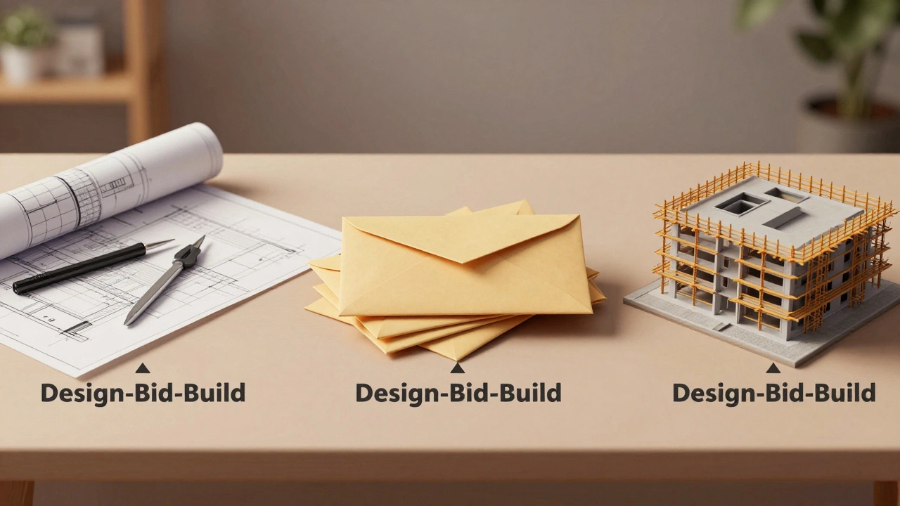 Conceptual illustration of architectural plans, bid envelopes, and a building model in a line
