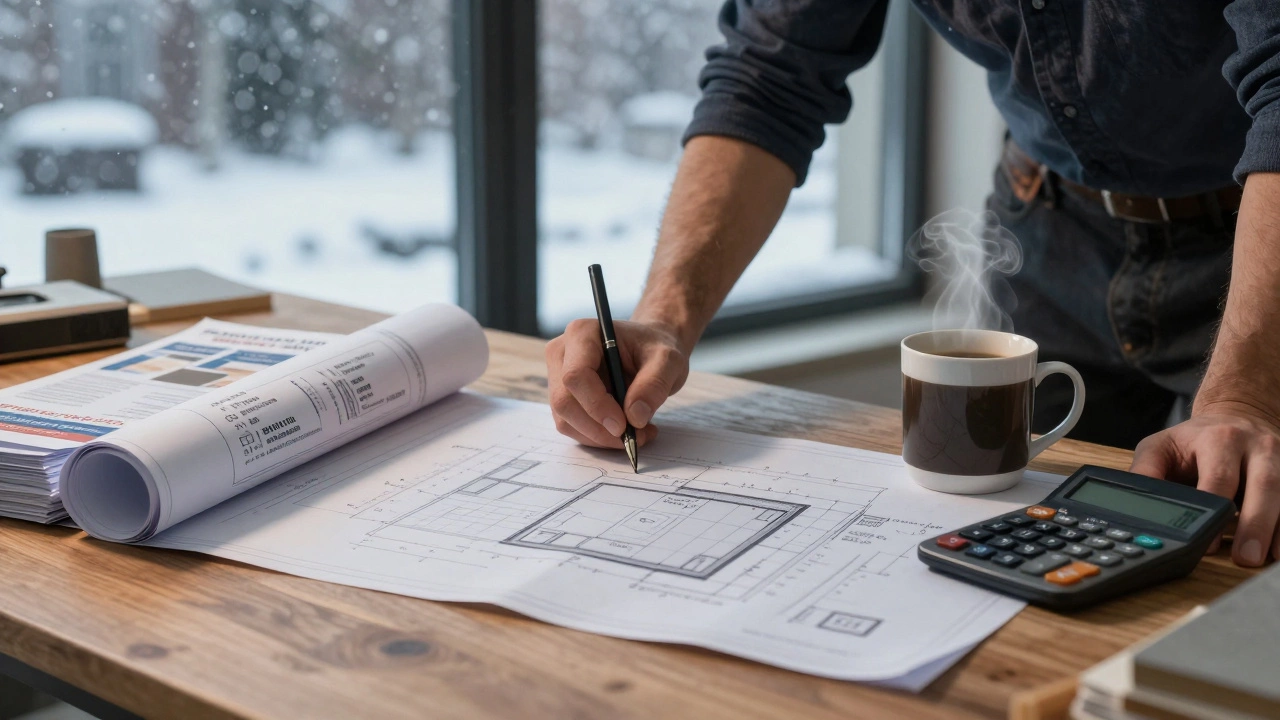 Contractor reviewing blueprints and discounts in a snowy winter setting