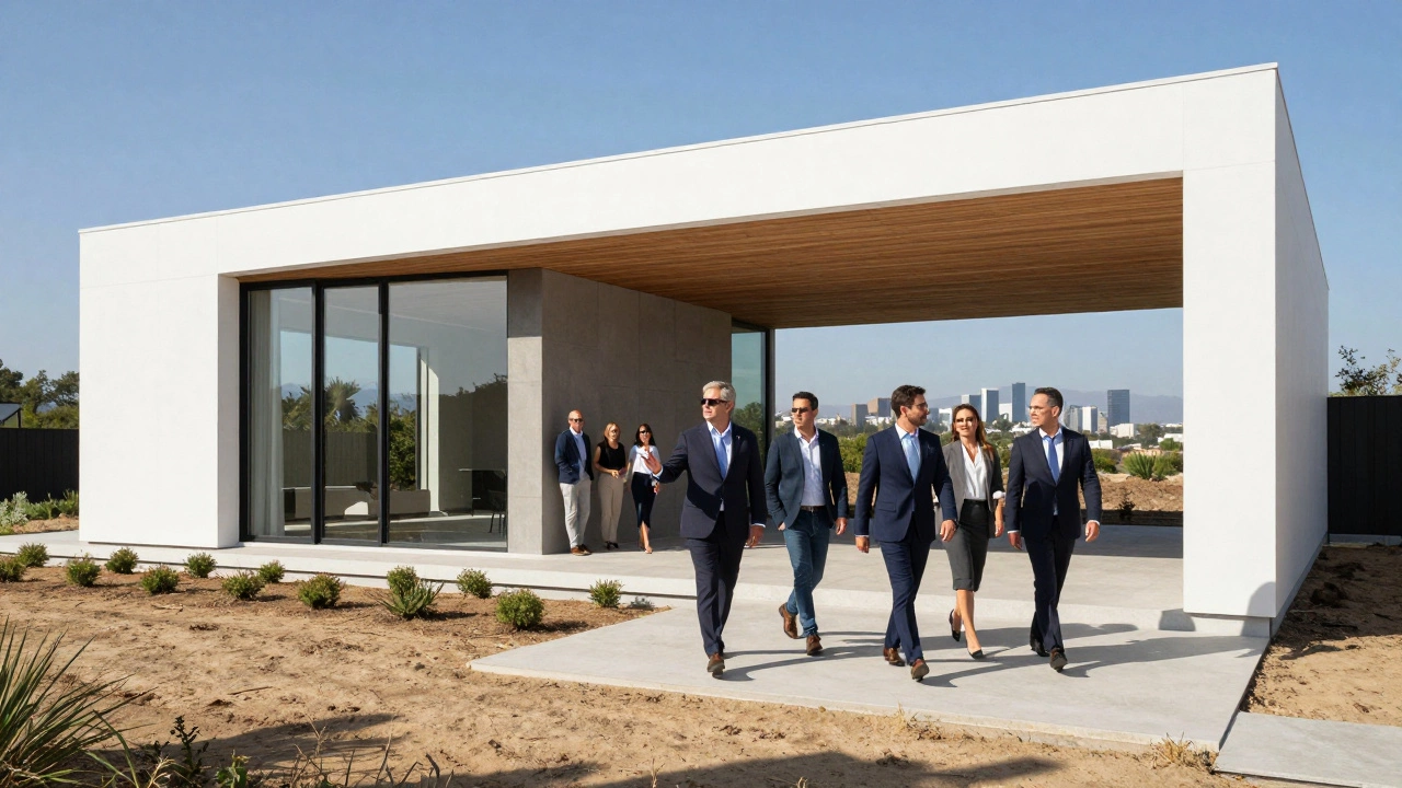 Developers inspecting a luxury home frame with city skyline in background