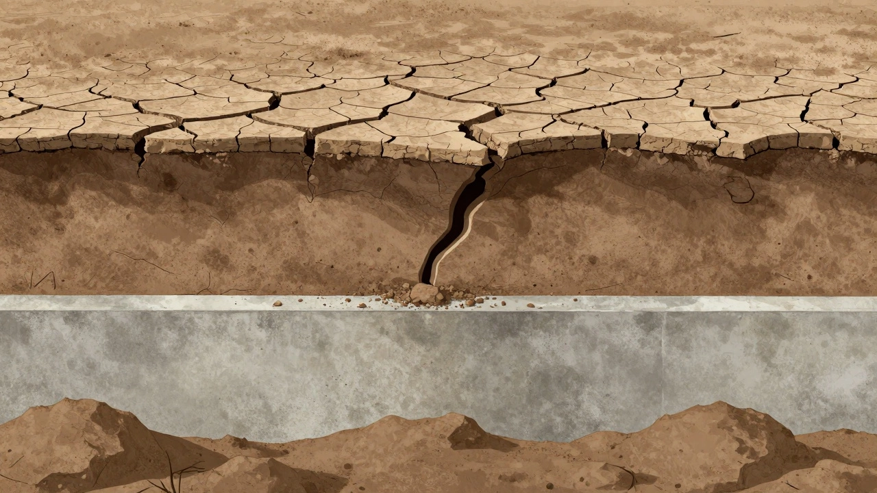 Diagram showing dry, shrinking clay soil pulling away from a house foundation.