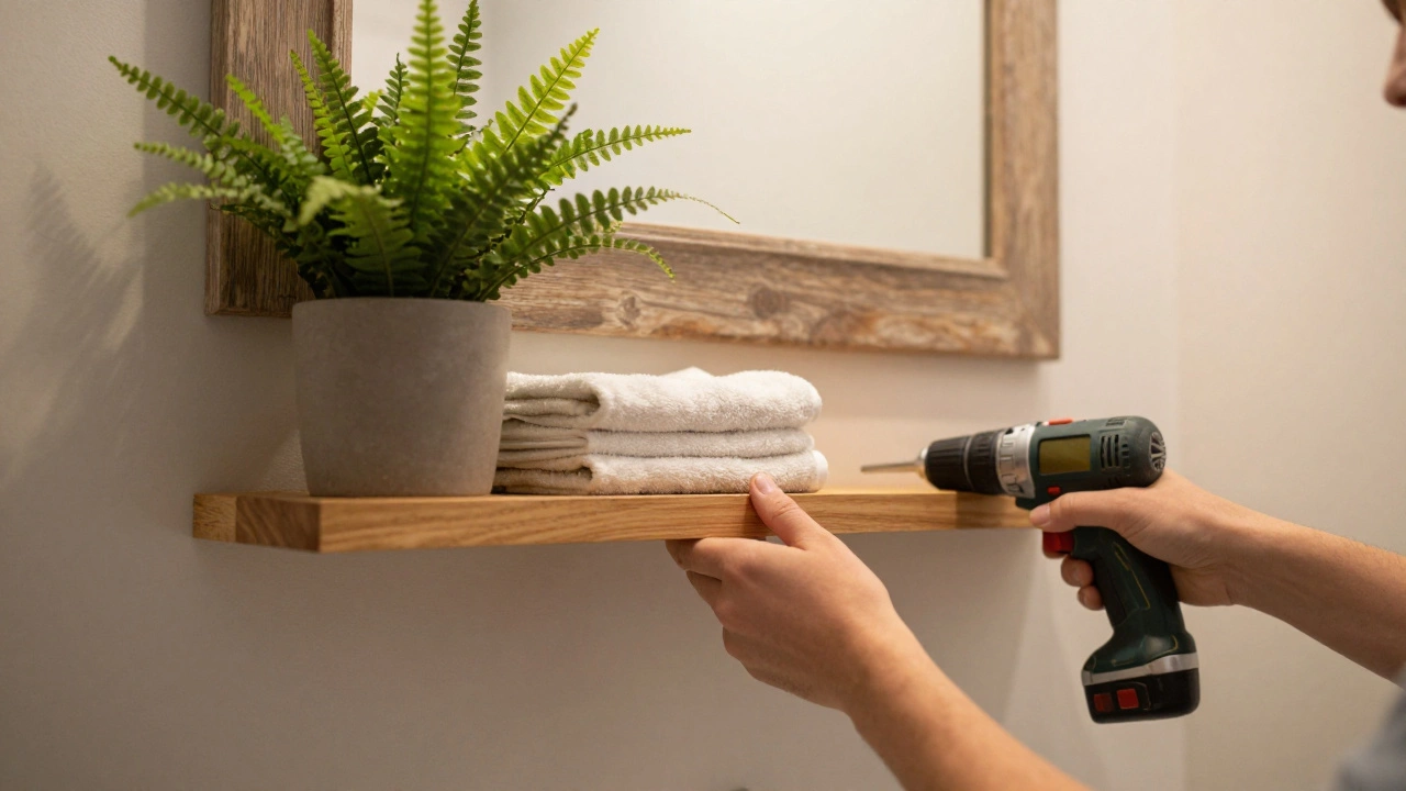 DIY installation of floating shelves and plants in bathroom