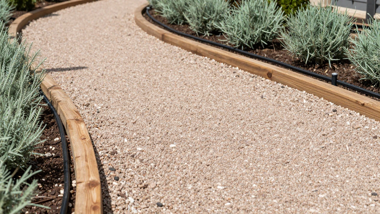Gravel pathway with drip irrigation lines in a tidy garden