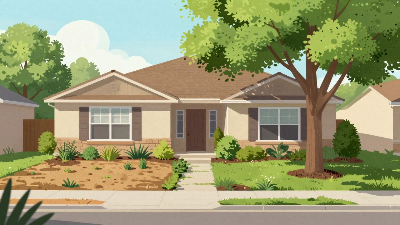 Home shaded by trees showing energy efficient landscaping