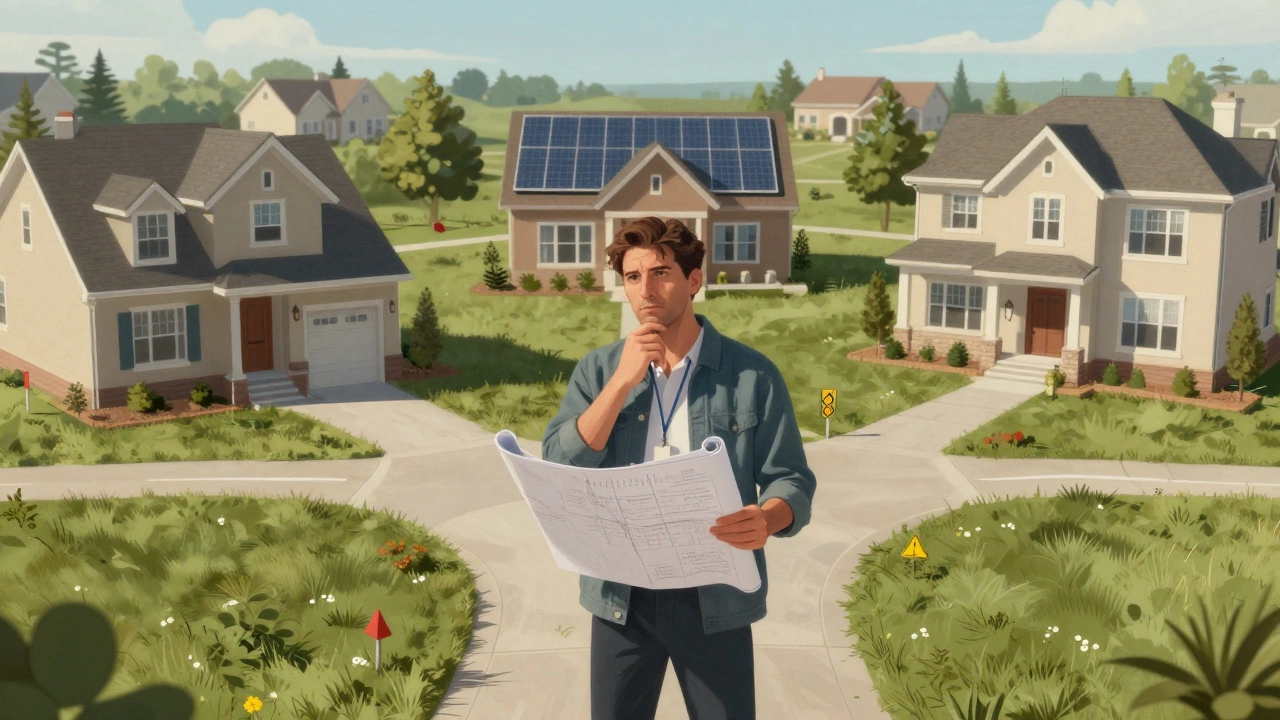 Homeowner holding blueprints at a crossroads facing different house types
