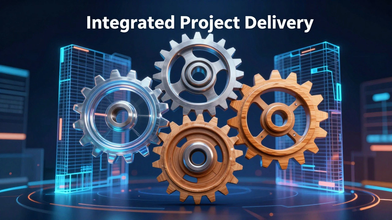 Interlocking gears and holographic building frames symbolizing collaborative construction methods