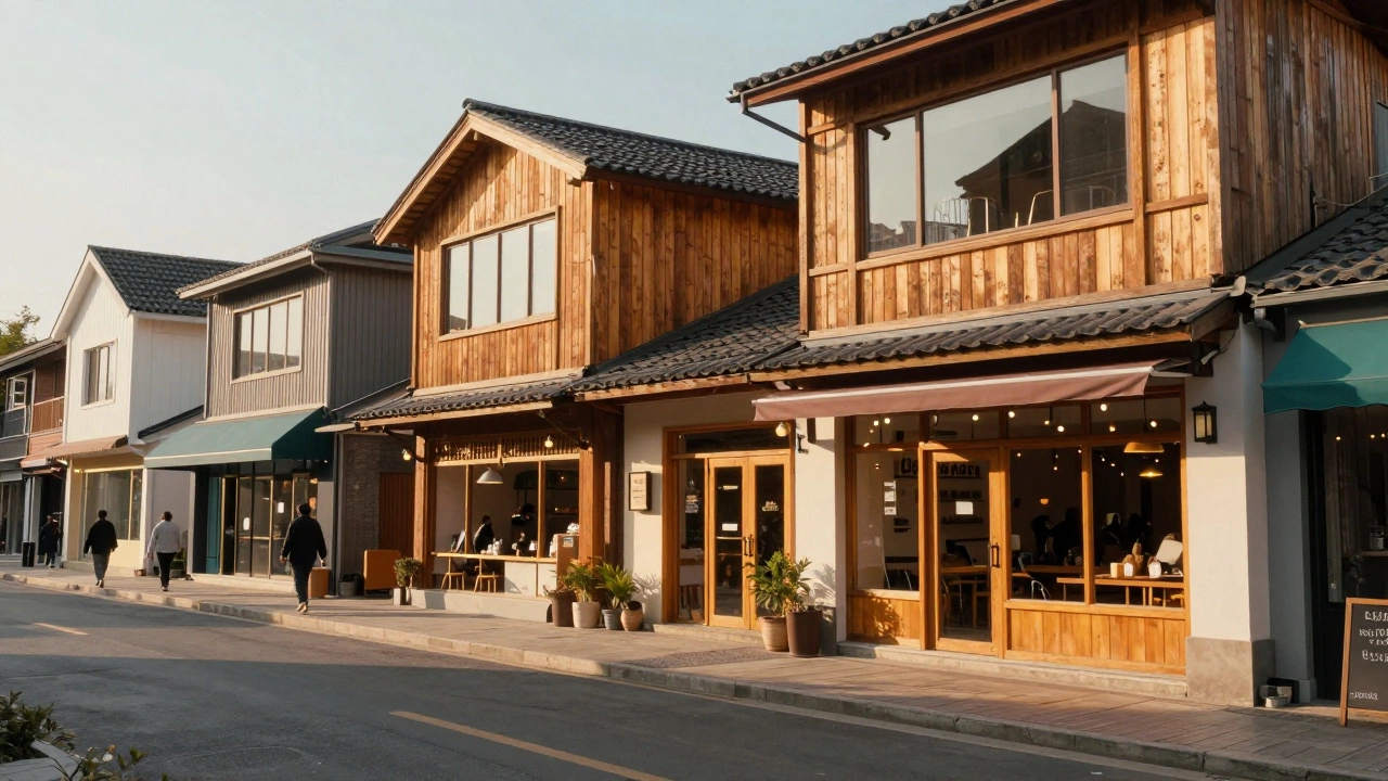 Low-rise commercial wood-frame buildings like cafes and shops on a city street