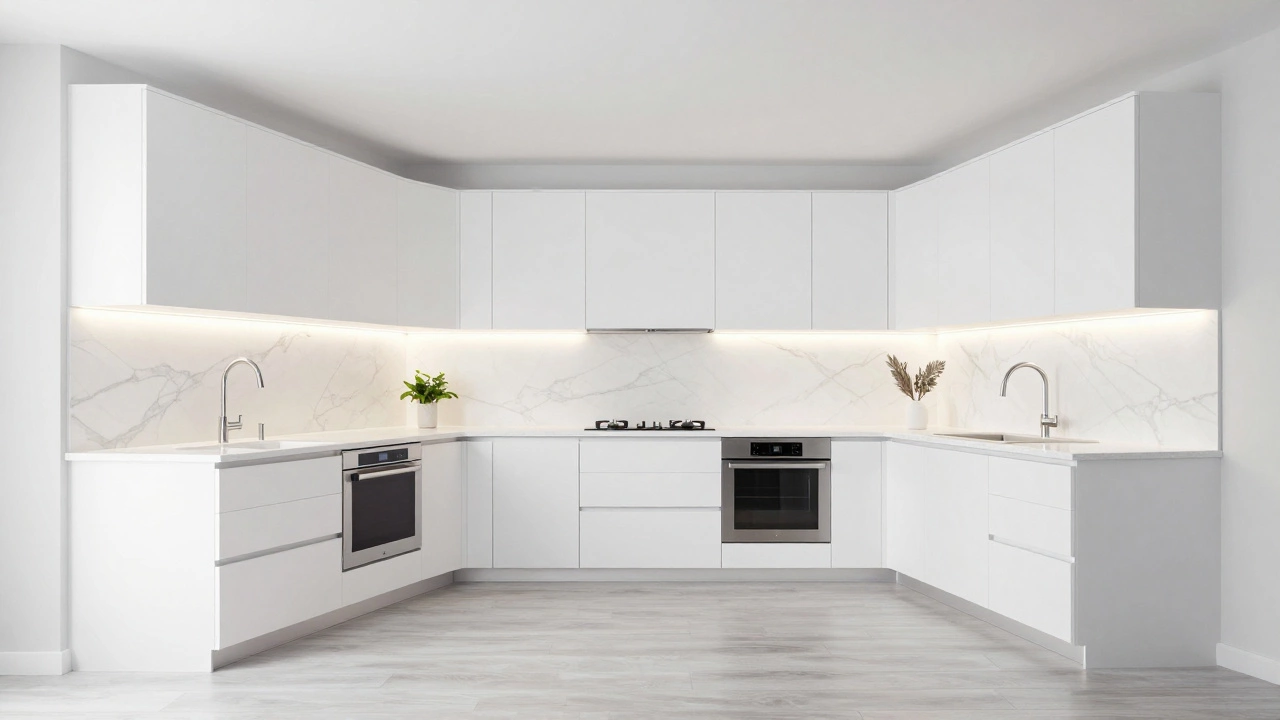 Modern renovated kitchen with white cabinets, quartz tops, and bright LED lighting