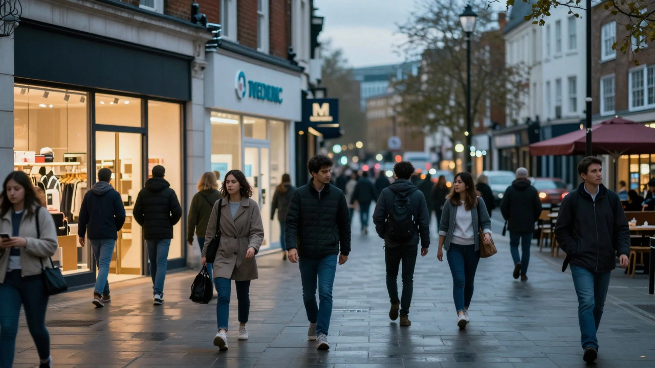 People entering various commercial shops and clinics at dusk