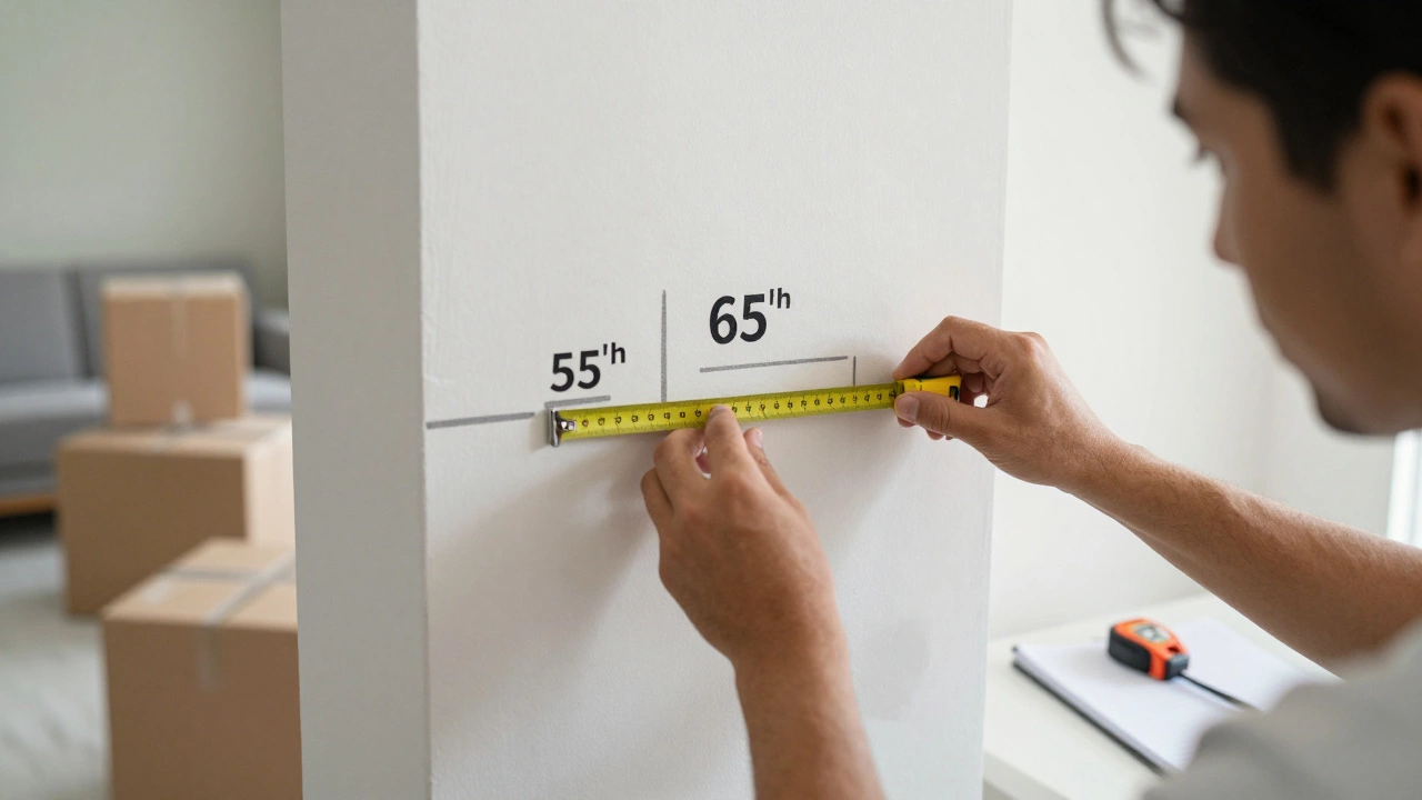 Person measuring wall space with tape to plan TV size in new build