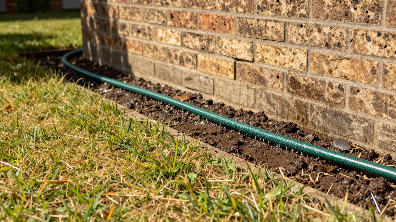 Soaker hose watering the ground near a brick house foundation perimeter.
