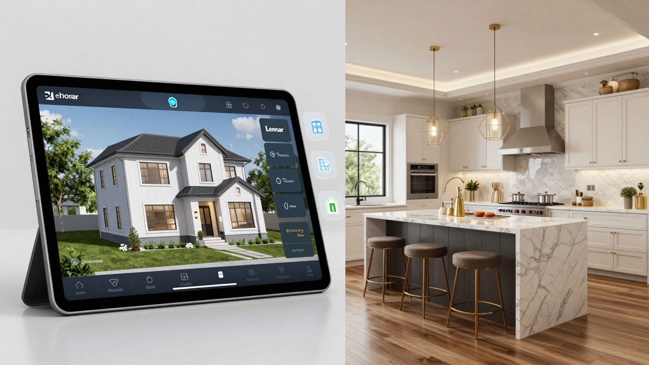 Split view of smart home design interface and luxury kitchen interior