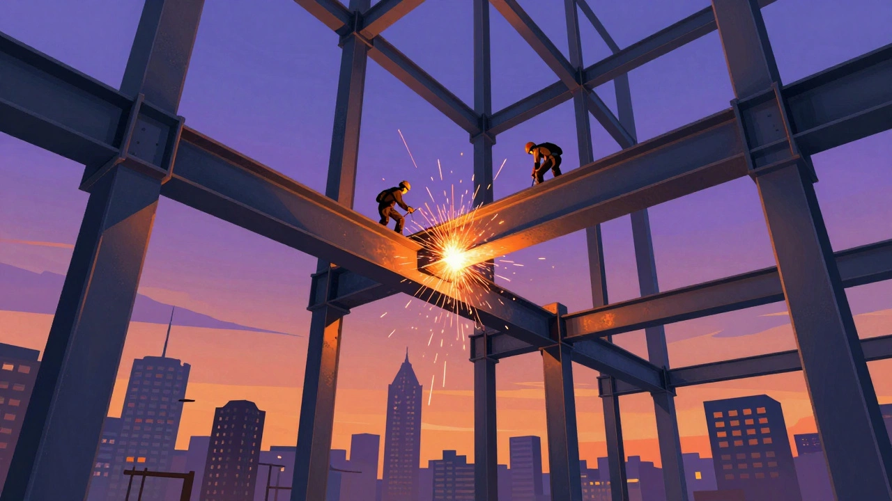 Steel I-beam framework of a skyscraper being welded at dusk
