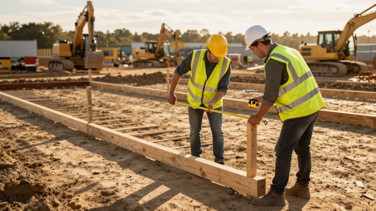 Workers adjusting stakes for large scale construction layout