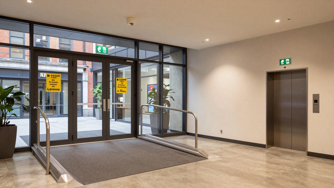 Accessible commercial lobby with ramps, elevators, and fire safety equipment