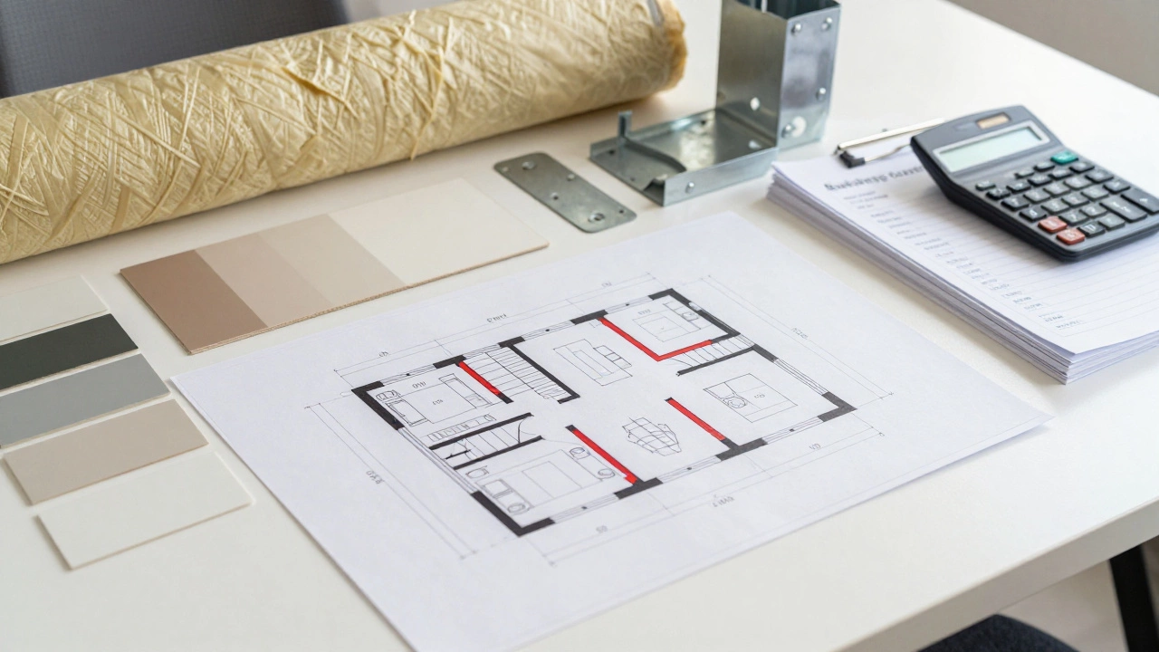 Architect desk with floor plans, material samples, and permits