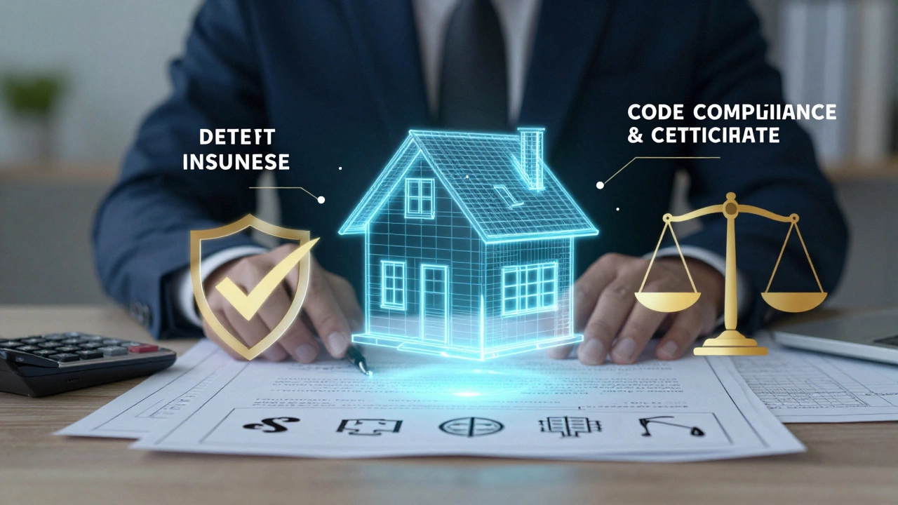 Blueprints and icons representing home warranty and insurance