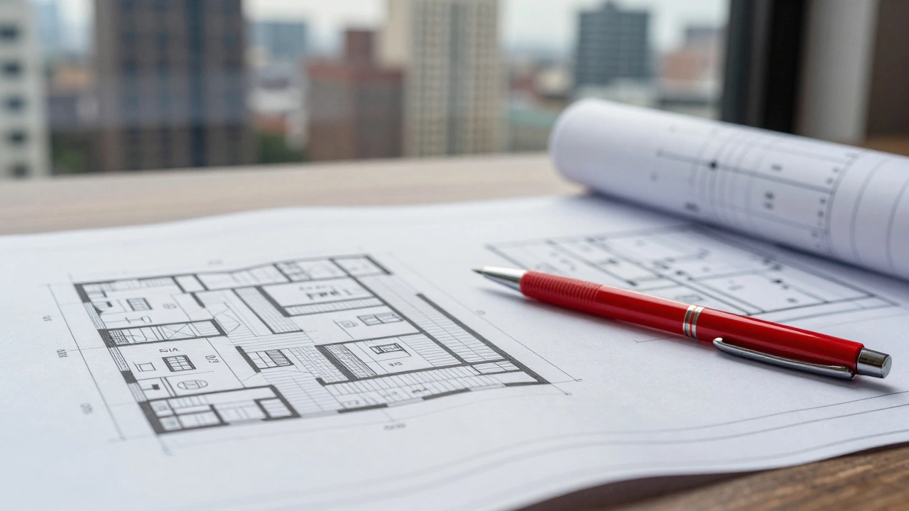Blueprints for residential and commercial buildings on a developer's desk
