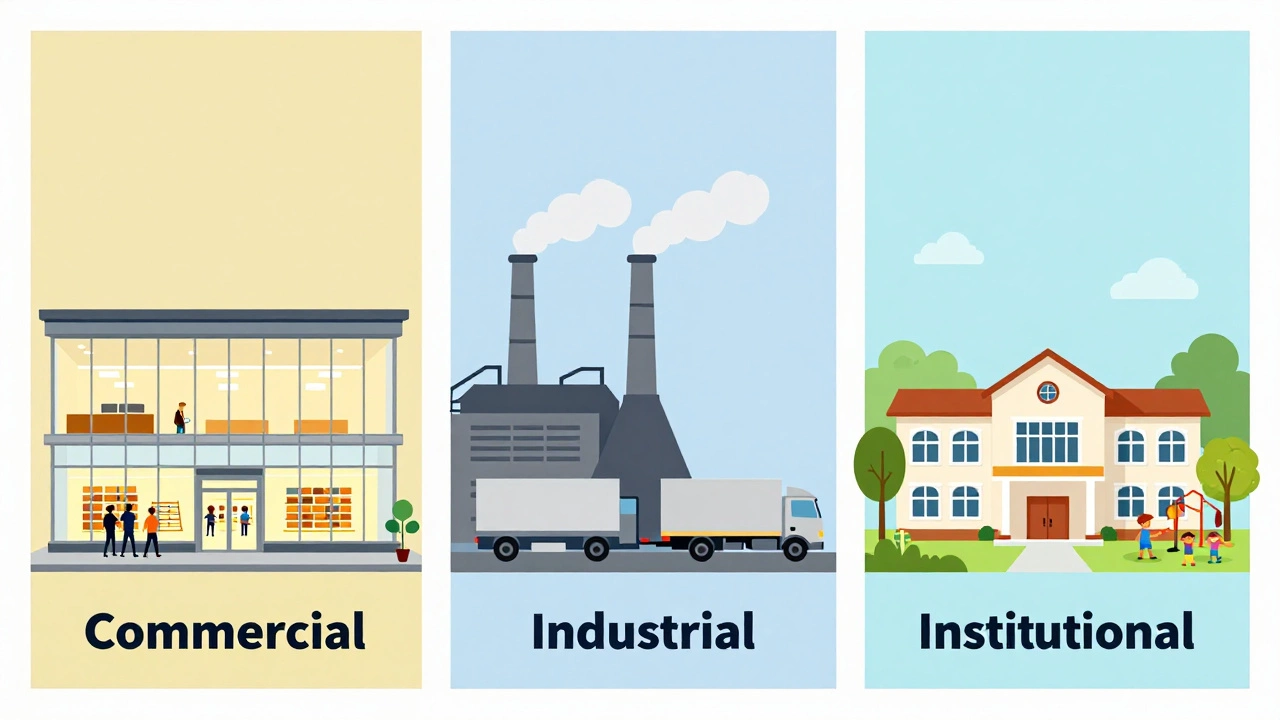 Comparison graphic showing commercial, industrial, and institutional buildings
