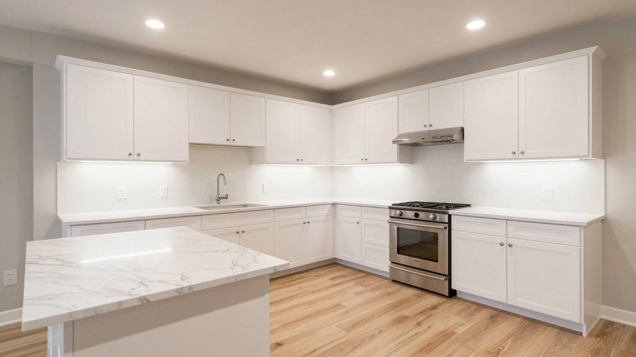 Completed mid-range kitchen with white cabinets, quartz tops, and vinyl floors
