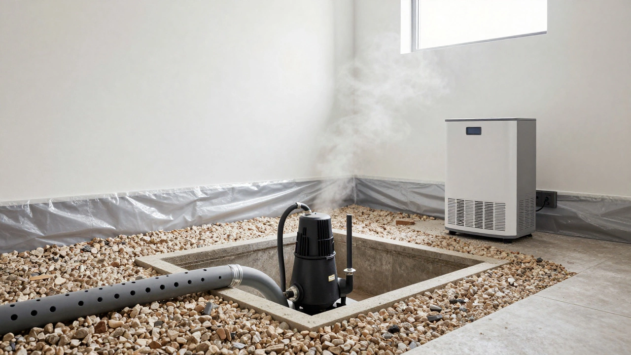 Dry basement with installed sump pump, perimeter drain, vapor barrier, and dehumidifier.