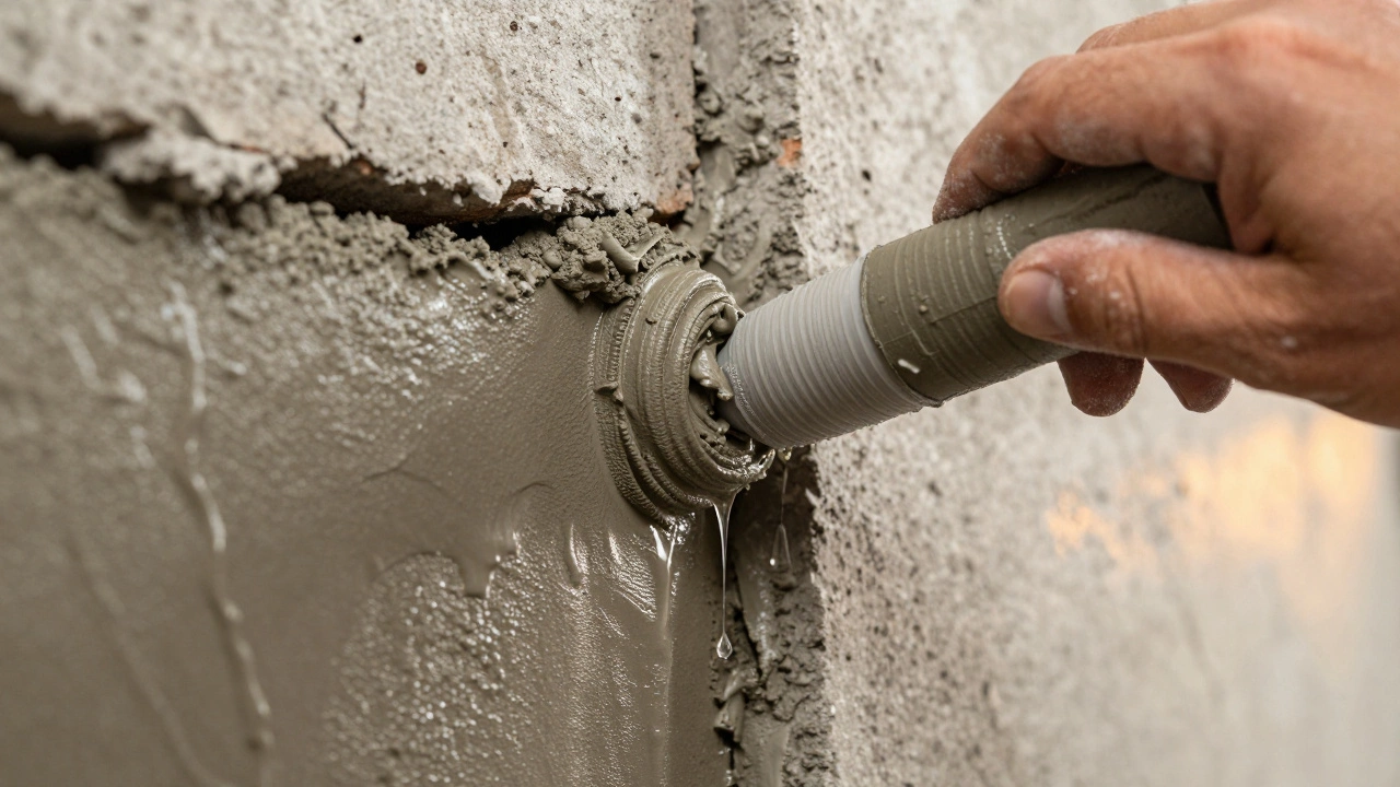 Hands packing hydraulic cement into a wet crack in a concrete foundation wall to stop leakage.