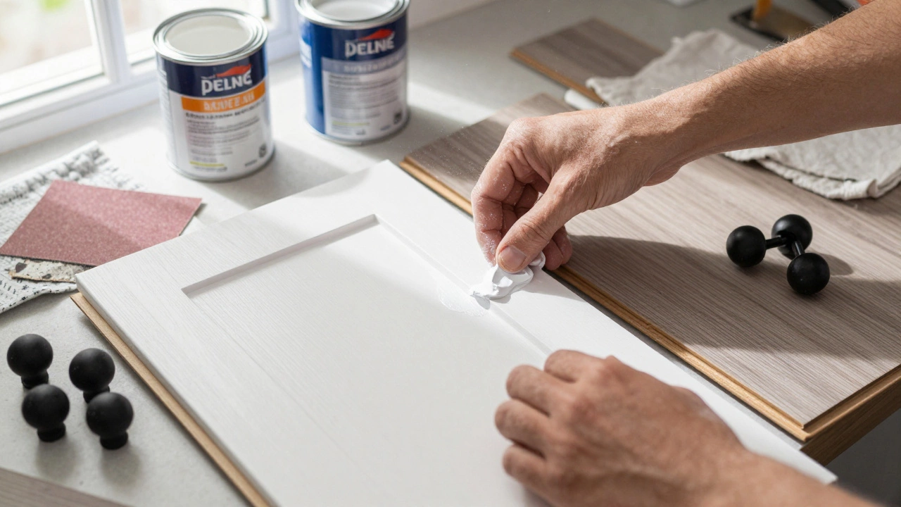 Hands painting cabinet doors and installing vinyl flooring for DIY savings