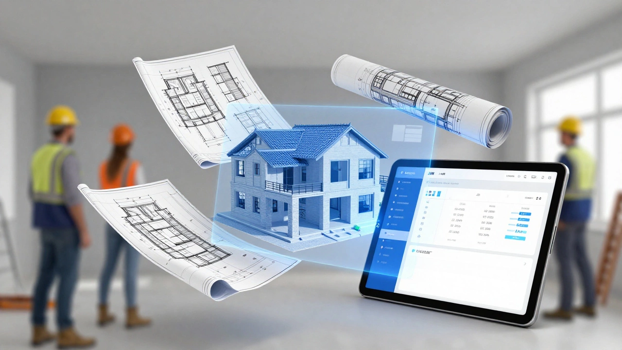 Holographic blueprints and tech tools on construction site
