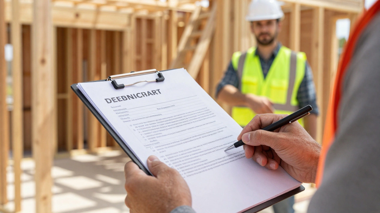 Homeowner reviewing contract with contractor at build site