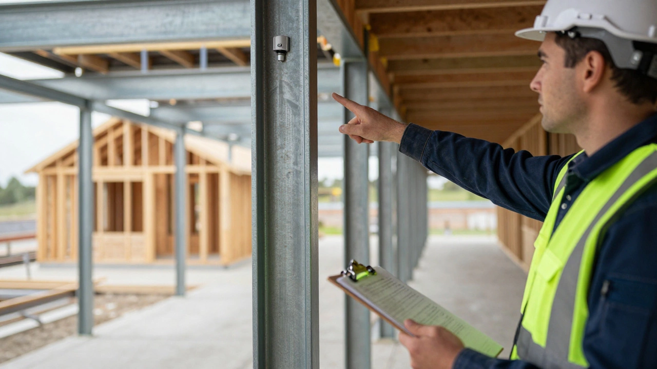 Inspector checking steel construction vs wooden residential frame