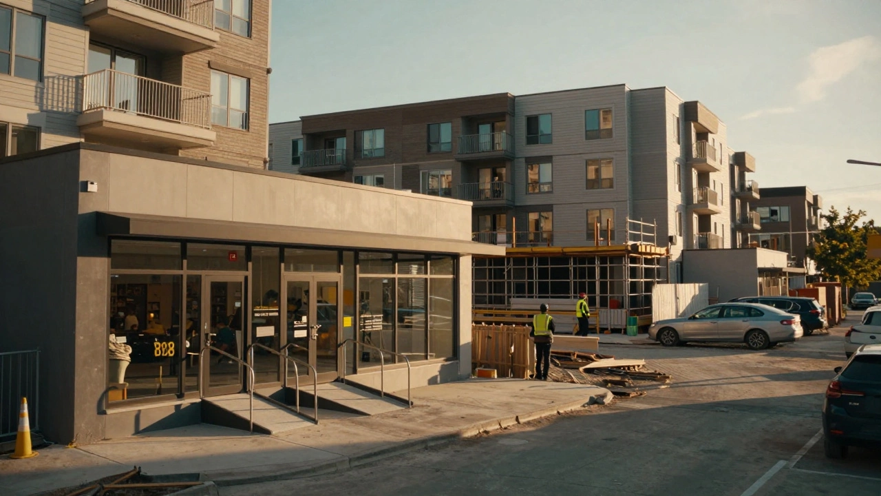 Mixed-use construction site with retail shops below and apartments above
