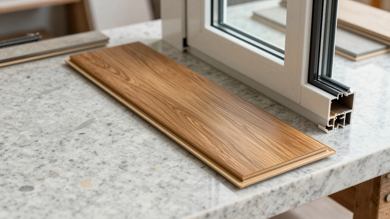Premium building materials including quartz, hardwood, and windows